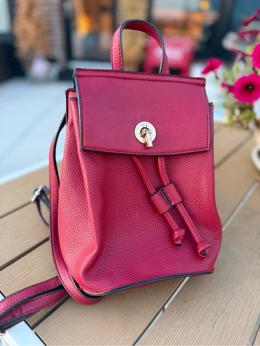 Women’s Red Pebbled Leather Mini Backpack with Gold-Tone Hardware